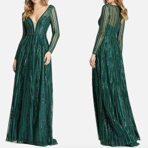 MAC DUGGAL 11184 PLUNGING STRIPED SEQUIN LONG SLEEVE EMERALD GREEN GOWN sz 18